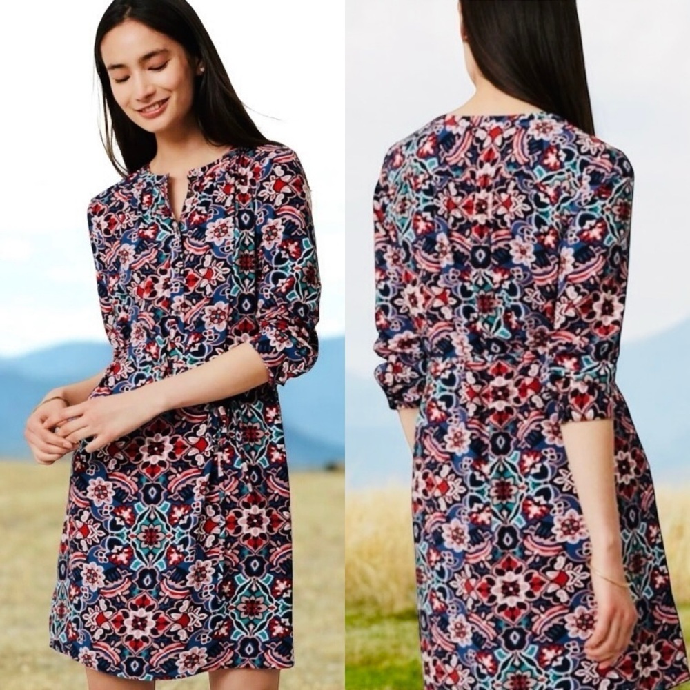 LOFT Long Sleeve Dress Size Small Stained Glass Floral Print